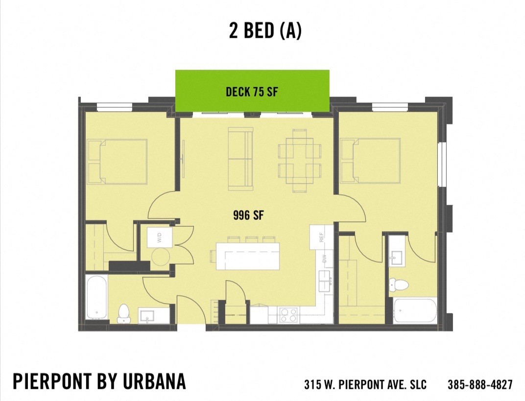 Floor plan for 2 beds, 2 baths, 996 sqft